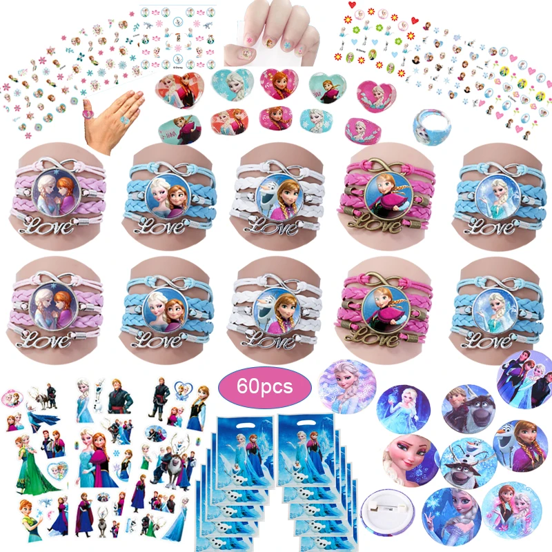 60pcs frozen favors 60 шт Замороженные вечерние сувениры для детей на день рождения с холодным сердцем браслет/кольца 3D Пузырьковые наклейки детские подарки на Рождество - Цвет: 60pcs frozen favors