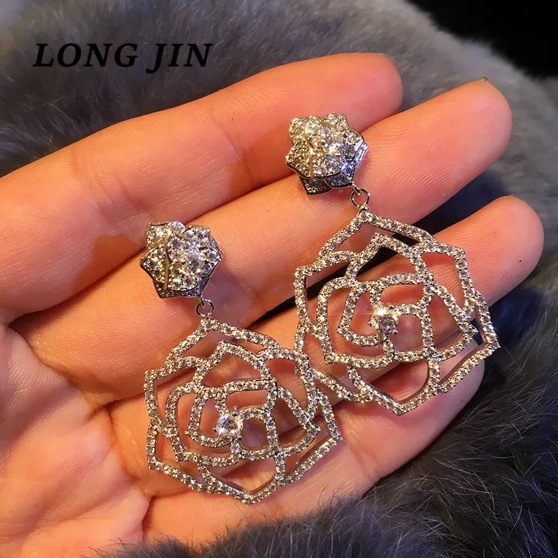

Korean Ladies Temperament Hollow Rose Earrings Camellia Temperament Female Silver Gold Earrings Party Luxury Fine Ornament