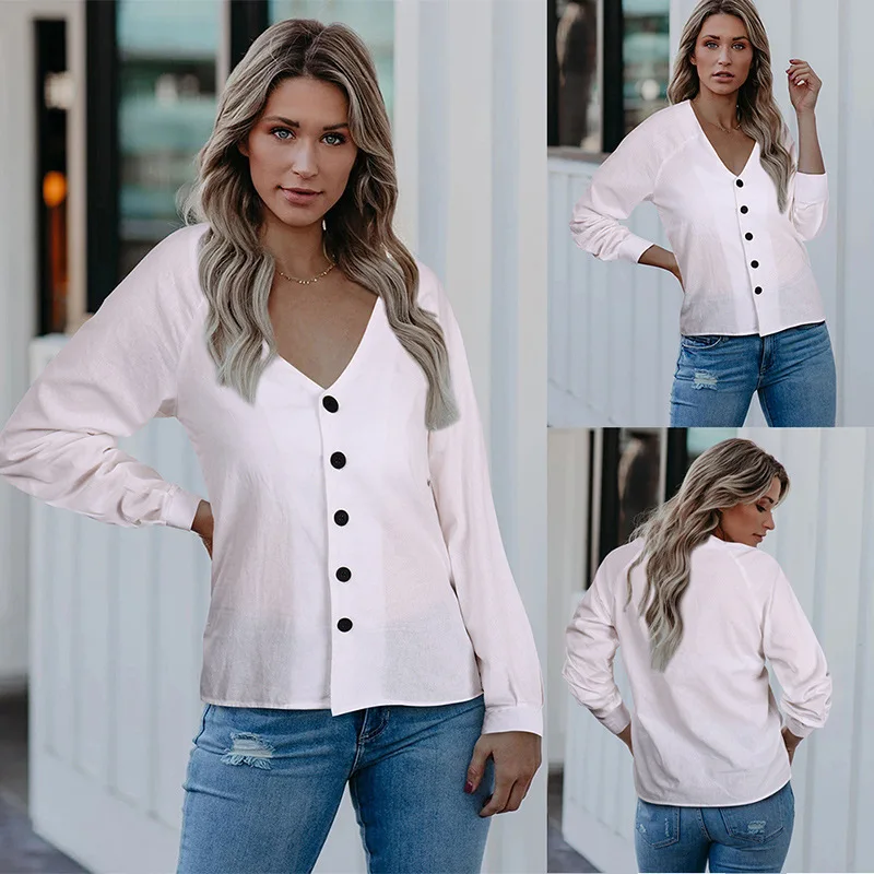 

KiLee 2021 Autumn New Style Women's Top Casual Solid Color V-neck Single-breasted Long-sleeved Slim Shirt Top