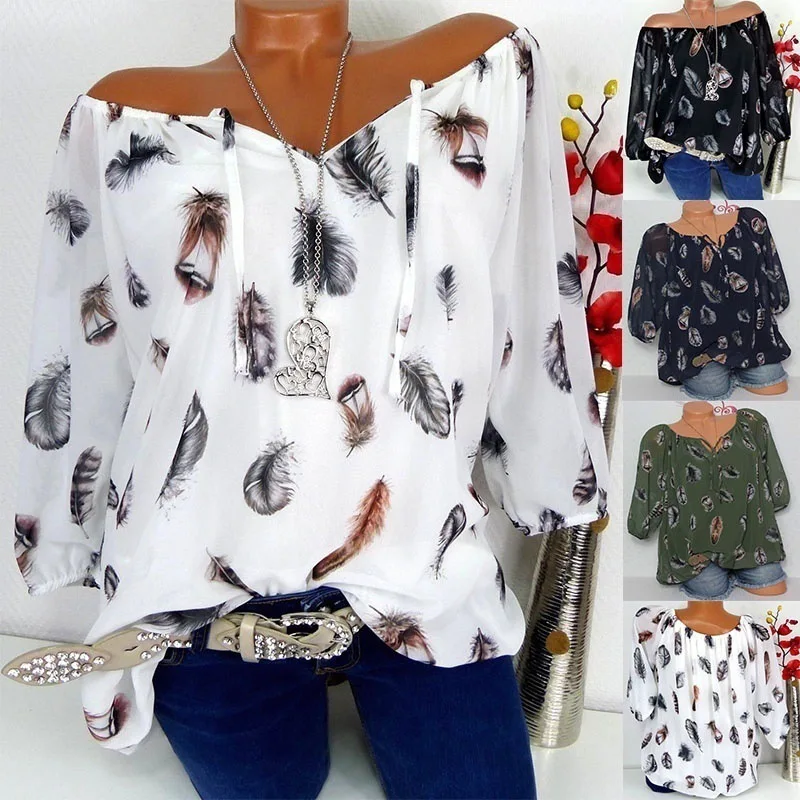 

Chiffon shirt 2021 new feather print top women's loose half-sleeved casual top women's V-neck elegant top loose fashion women's
