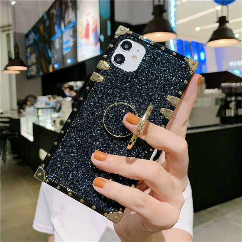 

Fashion Rivet Square Diamond Ring Grip Holder Bling Case Cover For Samsung Galaxy NOTE 20 10 9 8 S20 Ultra S10E S10/9/8 Plus