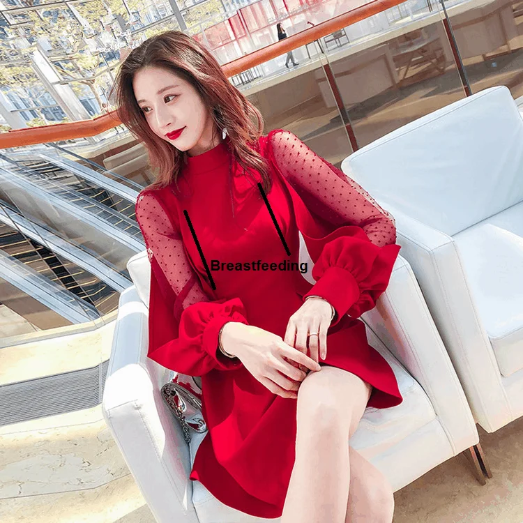 Женское платье для беременных кружевное с длинными рукавами пижамы грудного