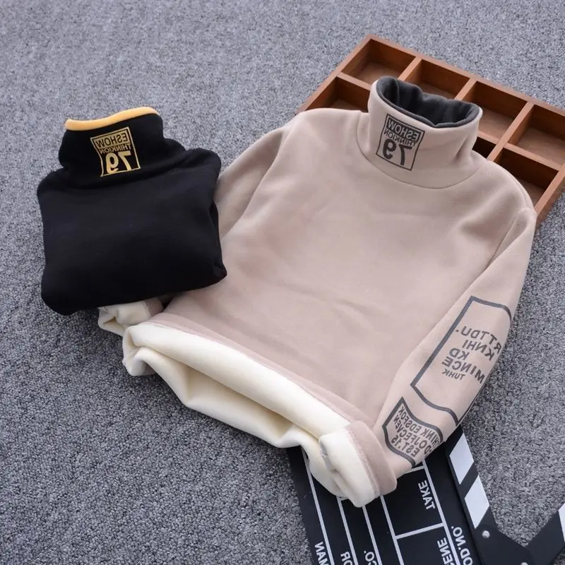 

Autumn Winter Fashion Cotton T-Shirt For Girl Velvet Plus Thickening Turtleneck Long Sleeves Coat Casual Children's Clothing
