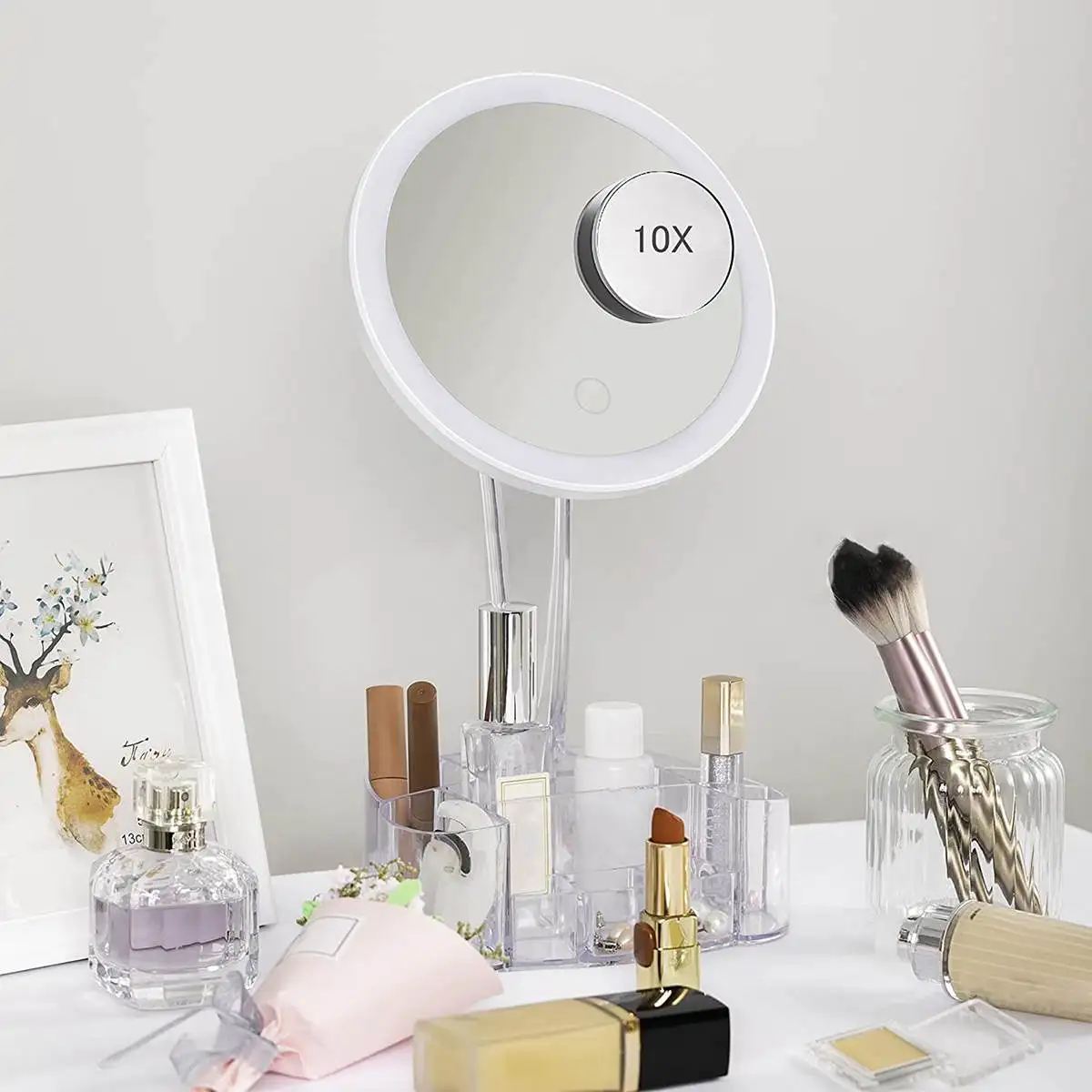 

Увеличительное стекло с 10-кратным светодиодный чением, вращающееся зеркало для макияжа со светодиодным сенсорным экраном, настольное зерк...