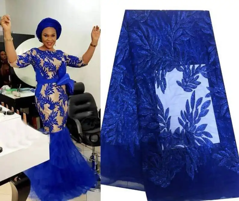 5 ярдов африканская кружевная ткань Великолепная блестками лист Тюлевая