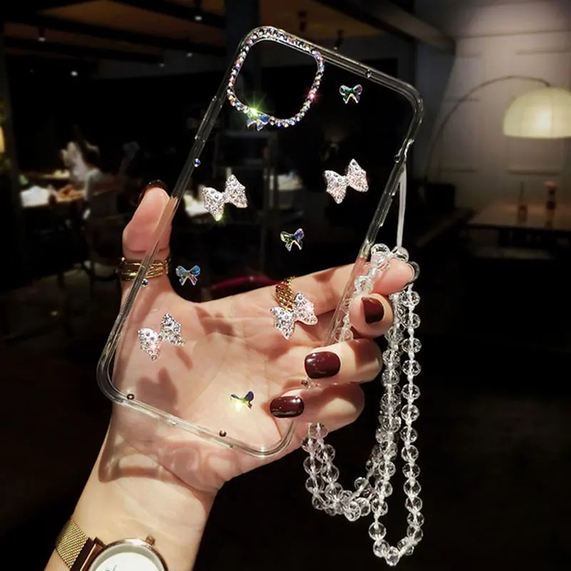 

Glitter Butterfly Diamond Phone Case For Huawei P40 P Smart 2021 P30 Pro P20 Lite Honor 30 Lite 20 Bracelet Lanyard Clear Cover