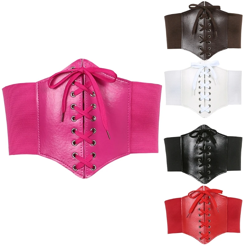 

Q1QA Women Lace-up Elastic Waist Belt Ultra Super Wide Tied Waspie Belt PU Leather High Waist Corset Belt