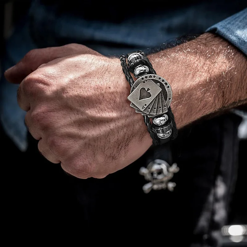 POKER BROWN LEATHER CUFF BRACELET MEN'S MULTILAYER WRAP WRISTBAND FRIENDSHIP VINTAGE BIKER PLAYING CARD BANGLE MEN JEWELRY | Украшения