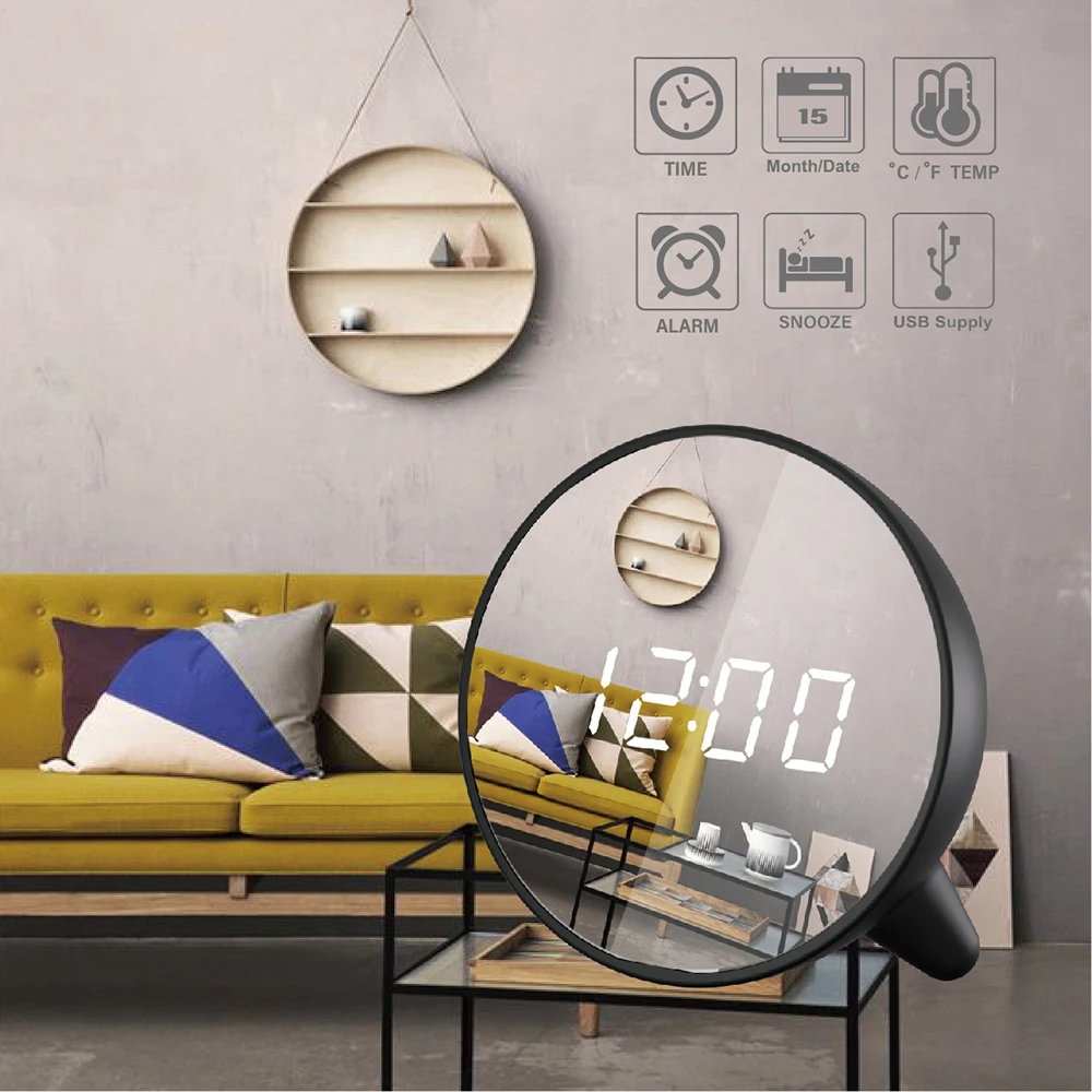 Digital USB table Alarm Clock with light and LED mirror Electronic Desk kids bedstand Wake Up thermometer snooze | Дом и сад