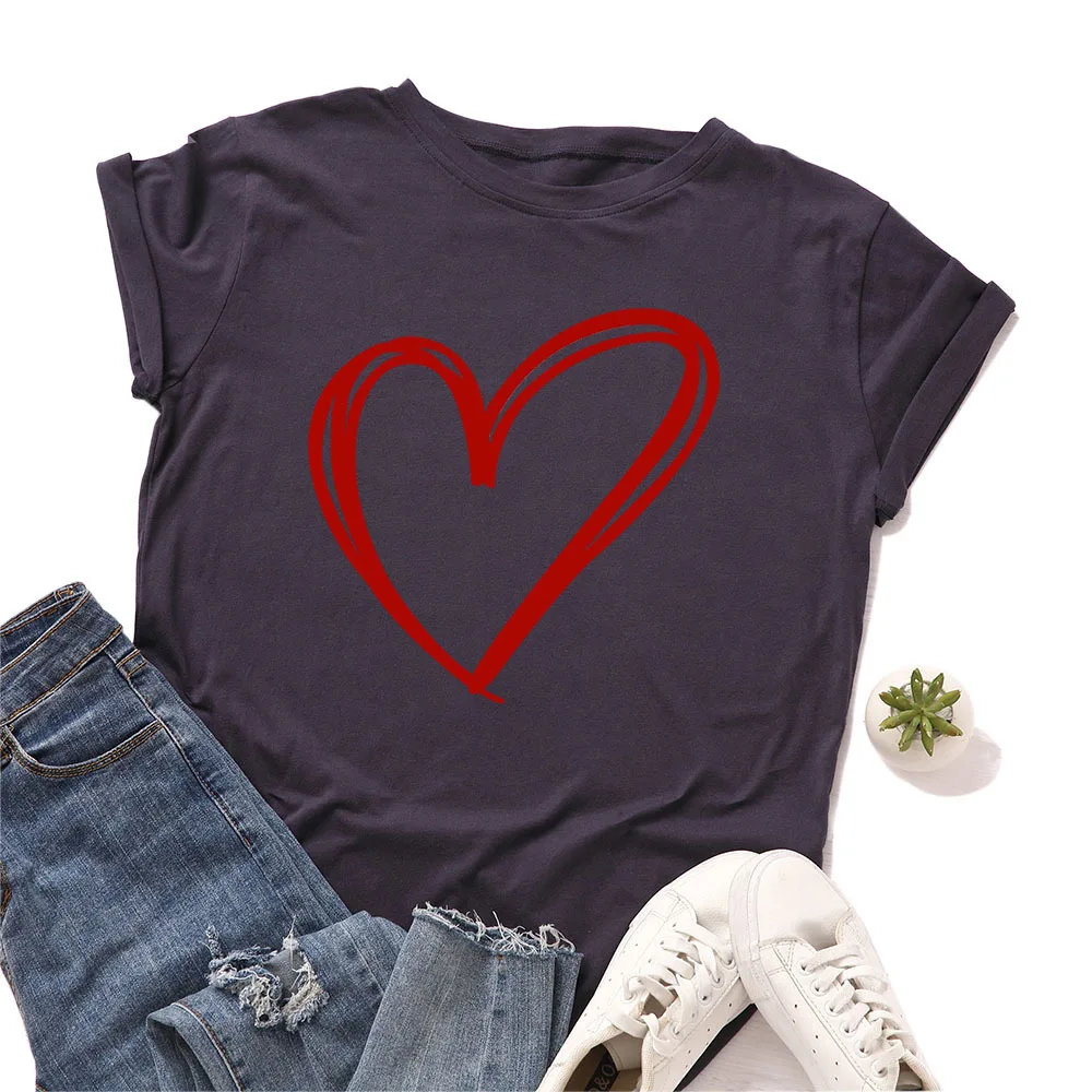

Summer Women T Shirt Plus Size S- 5XL Simple Red Heart Print O-Neck Short Sleeve Cotton Tshirts Fashion Casual Tees Tops Women