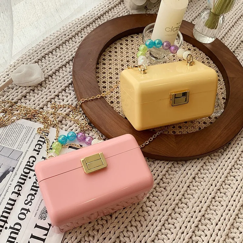 

NEW Acrylic Purse Box Shape Clutch Beaded Handbags Chain Women Small Crossbody Bag Designer Beach Travel Summer Shoulder Bags