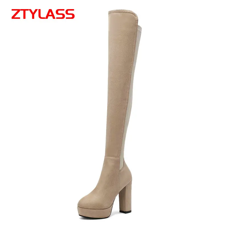 

2021 Stretch Boots Fashion Platform Women Boots Square High Heel Over The Knee Boots Autumn Winter Zip Woman Boots Shoes