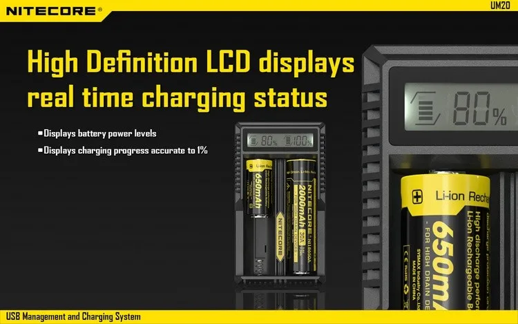Nitecore UM20 умное зарядное устройство ЖК-дисплей зарядное устройство Универсальный зарядное устройство Nitecore с usb-кабелями 18650 16340 14500