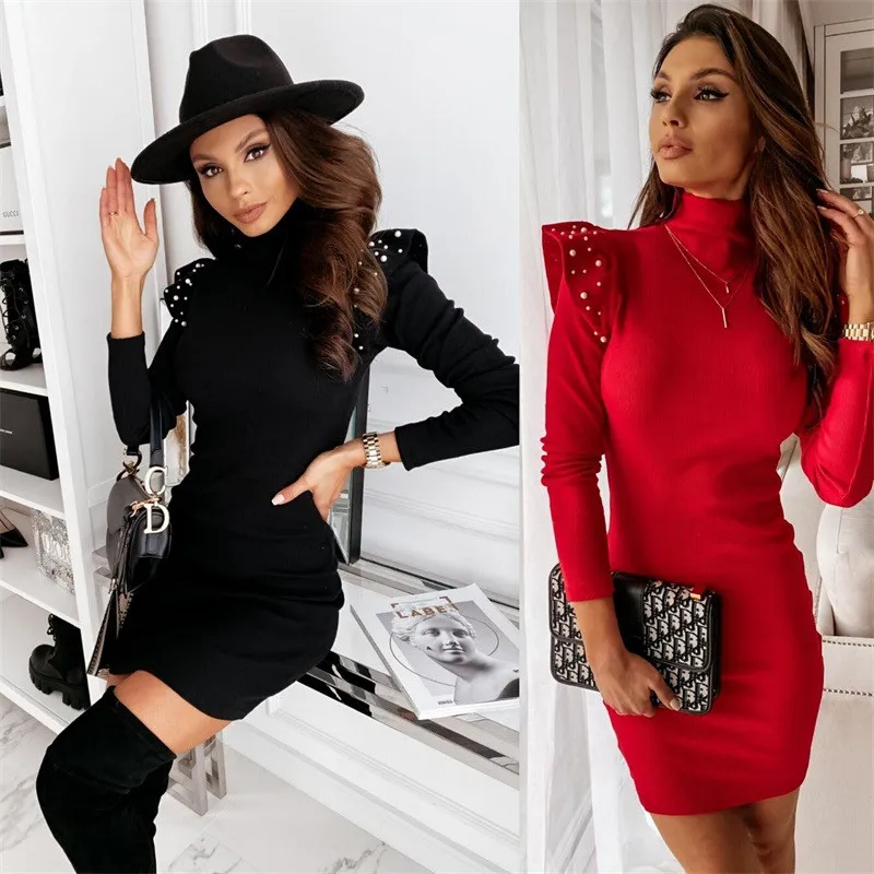 

Leosoxs 2020 Spring Autumn Fashion Sexy Turtleneck Women's Mini Package Hip Dress Casual Solid Long Sleeve Ruffle Ladies Dresses