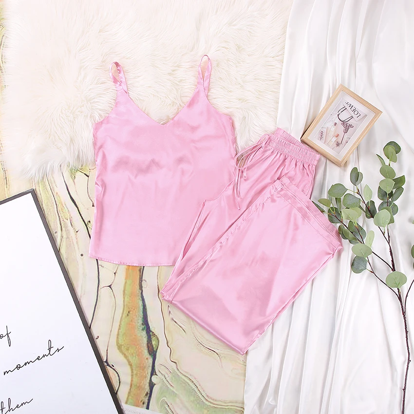 

HECHAN Solid Pajamas Women V Neck Cami Satin 2 Piece Set Loose Elastic Waist Pants Female Sleepwear Casual Home Wear Suit Sets
