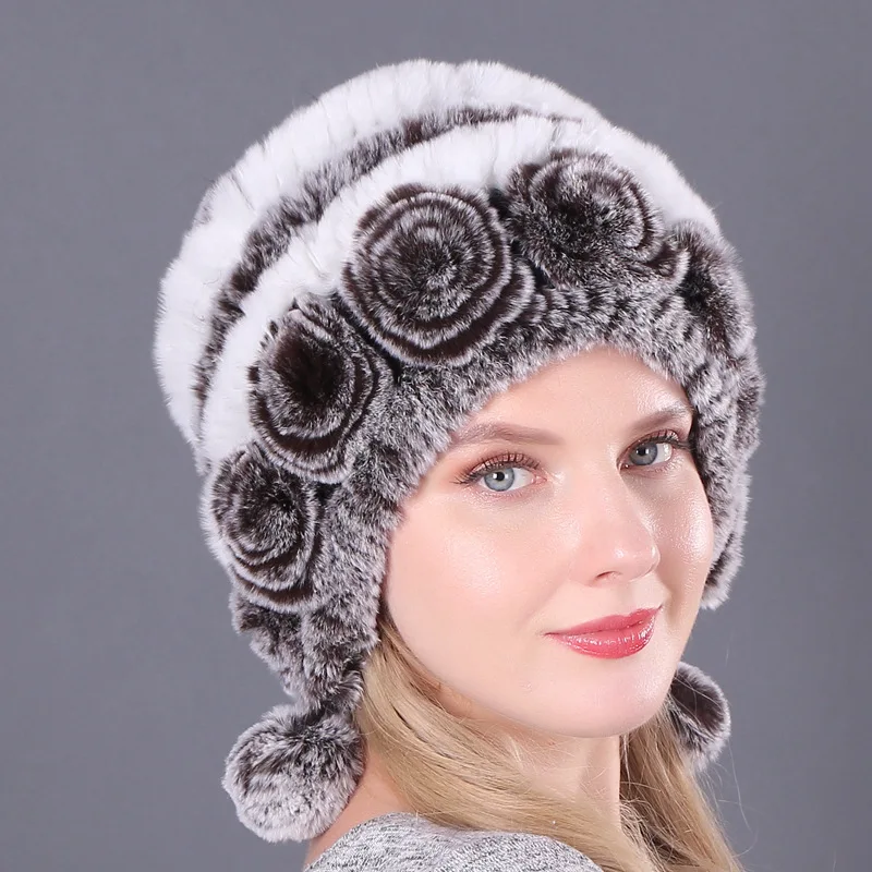 

JINFUMA Fur Hats for Women Winter Real Rex Rabbit Hat fur kniting female warm snow caps ladies elegant princess beanies cap
