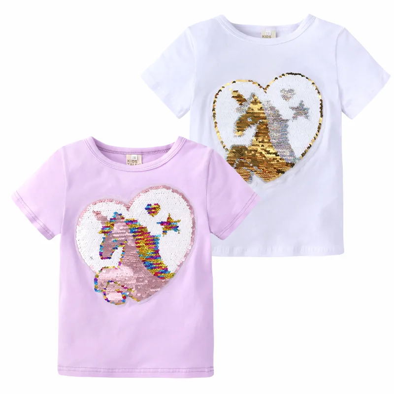 

Summer T-Shirt Girls Unicorn Sequin Reversible Tops Tees Kids Pony Face-changing Color T Shirt Children Clothes