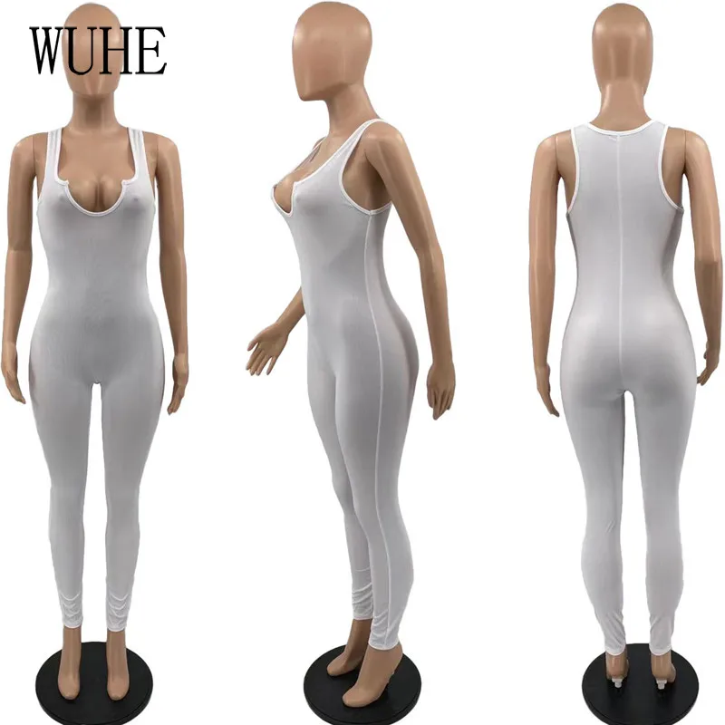 

WUHE Rib Knit Package Hip Sexy Jumpsuits Deep V Neck Off Shoulder Sleeveless Joggers Sports Fitness Casual Summer Overalls