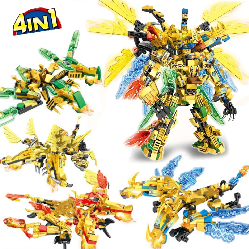 

MOC 727pcs Ninja 4in1 Gold Dragon Knight Mecha Weapon Building Blocks City Robot Fight Ninja Figures Bricks Toys Children gifts