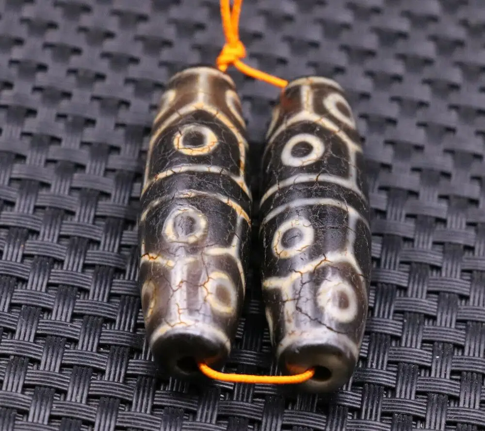 pair Tibetan Old Agate Dragon Vein 12 Eye Longevity dZi Bead Totem Amulet | Украшения и аксессуары