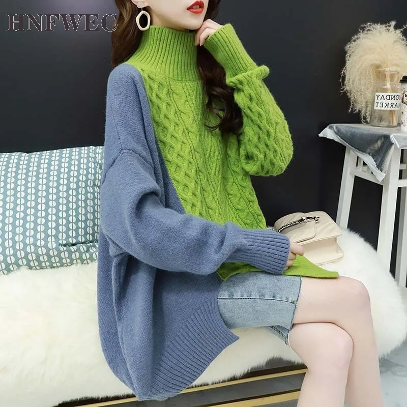 Женский свитер с длинным рукавом свободный разрезом и высоким воротником