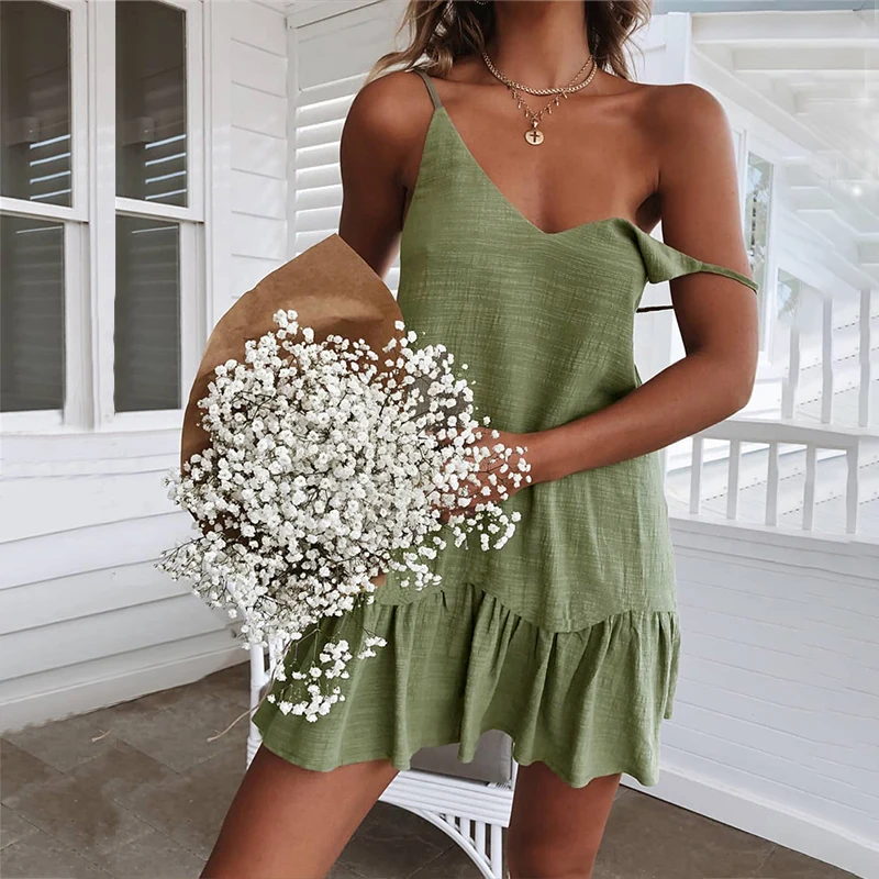 

Dress 2021 Thin Shoulder Strap Dress Strapless Women's Summer Green A-line Slim Dress Ruffled Sexy Sun Skirt Mini Cotton Linen