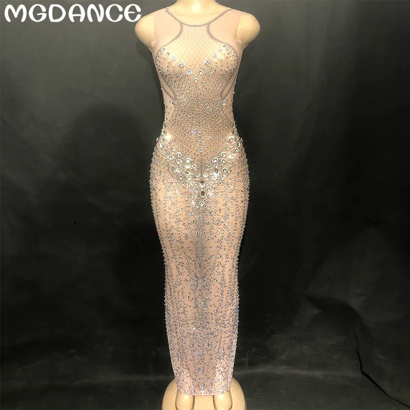

Hot Sale Women Sexy Mesh Glass Rhinestones Long Dress Net Yarn Sparkling Crystals Sleeveless Nightclub Party Birthday Dresses