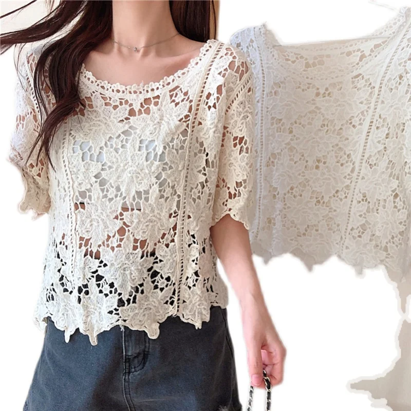 

Fashion Lace Crochet Blouse Women 2021 Summer Vintage Loose Short Sleeve Blouses And Shirts Hollow Out Women's Clothing Tops