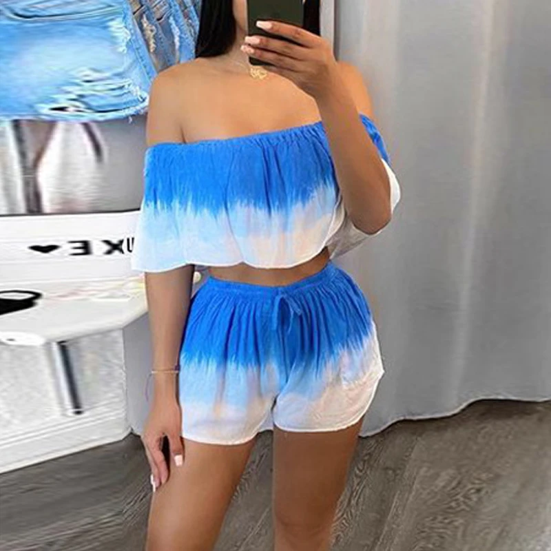 

Two Piece Shorts Suit Casual Summer Suits Off Shoulder Ruffles Tube Top & Loose Shorts Set