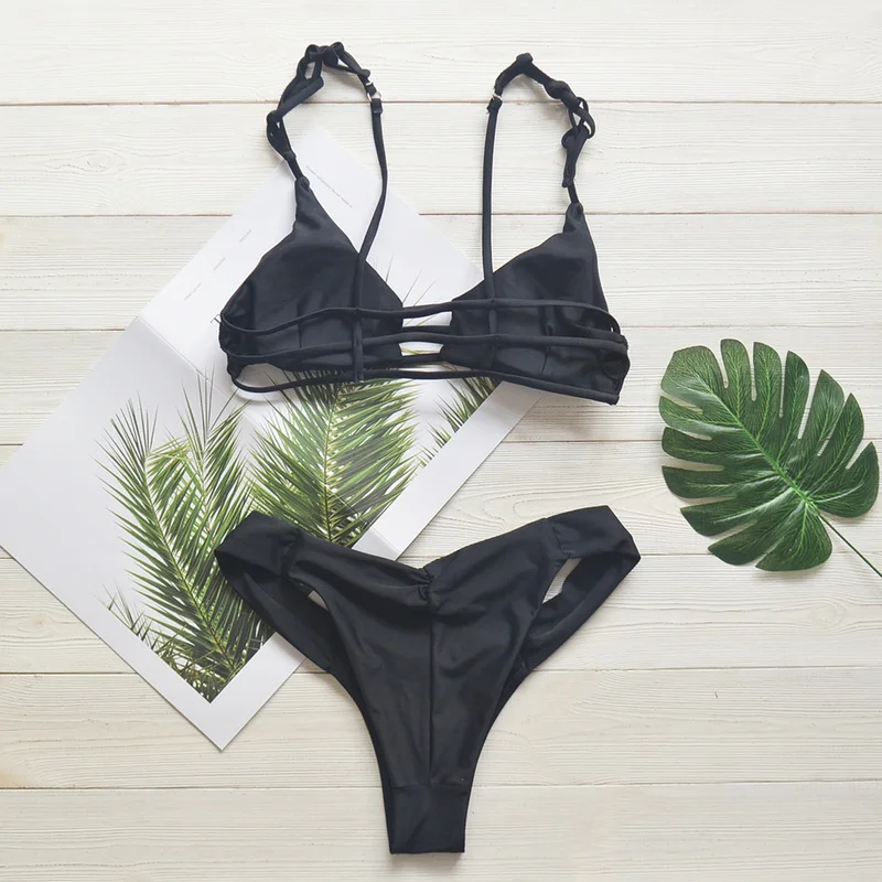 

Autuspin Solid Black Women's Bikini Fashion Low Waist Thong Swimwear Casual Swimsuit Women Beach Biquini Push Up Bathing Suits