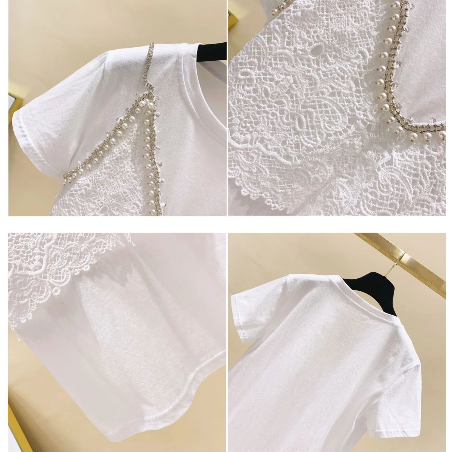 

Beads Rhinestones Lace Stitching T-shirts Girls 2021 Summer Loose Short Sleeve O-Neck White Bottoming Shirt Womens New Clothing