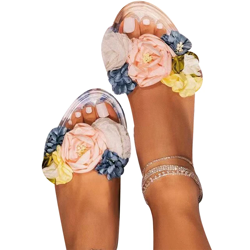 

Women Floral Jelly Shoes Women's Applique Slippers Summer 2021 Woman Transparent Outdoor Slides Ladies Soft Flat Female Footwear