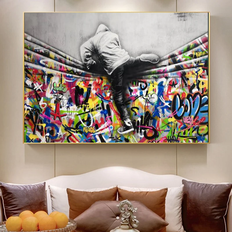 

Modern Graffiti Street Art Kids Lover Behind The Curtain Canvas Painitngs Posters and Prints Wall Art Pictures for Living Room
