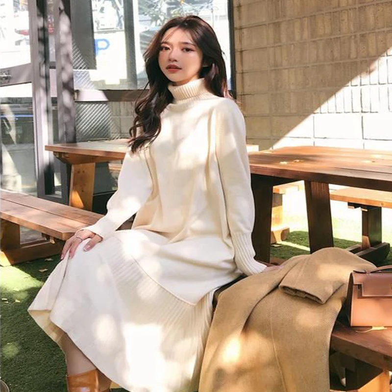 

Knitted Dress Women Elegant Loose 2021 New Autumn And Winter Warm Dresses High collar Mid-Calf Ruffles Casual Simple