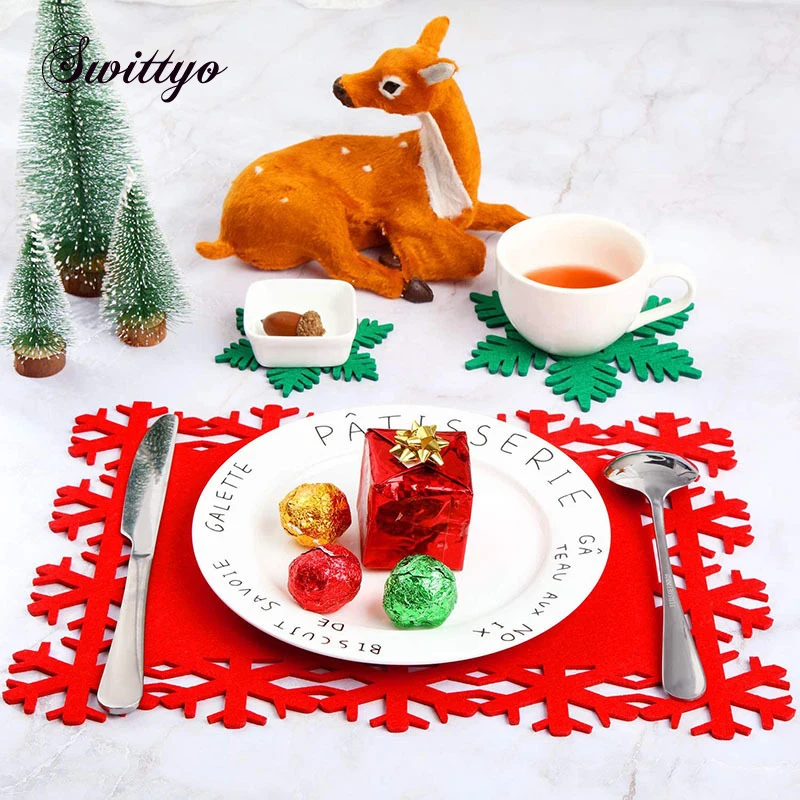 

6pieces/set Christmas Placemats Xmas Tree Snowflake Non-slip Coasters for Dinner Table Cup Mats New Year Party Decorations