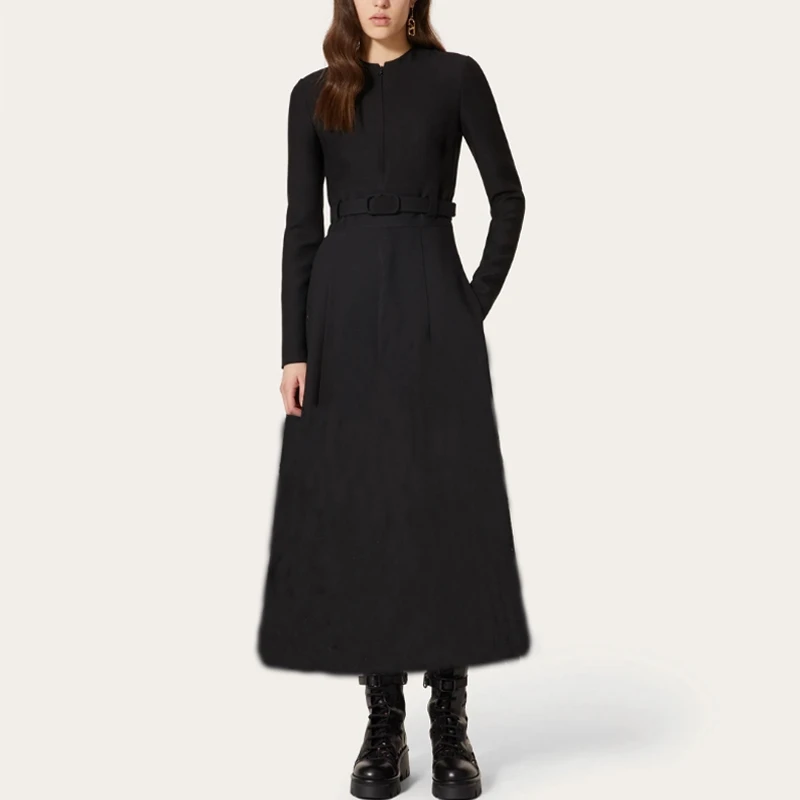 

Fashion Designer 2021 Autumn New Dresses Women Black Classic Long Sleeve with Belt High Quality Slim Dress
