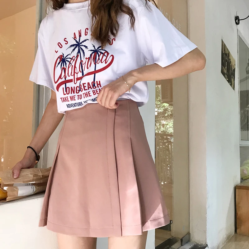 Skirts Women Solid Pink Pleated Skirt Simple All Match Womens High Waist Comfortable Hot Sale Kawaii Korean Style Fashion Mini | Женская