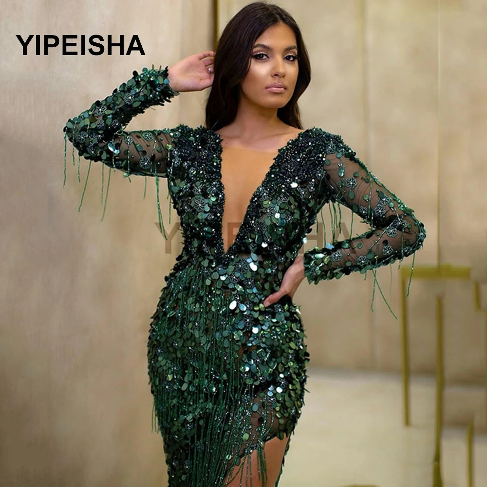 

Arbric Dark Green Sequined Celebrity Dresses Long Sleeves Deep V Neck Tassel Evening Gowns Beaded Side Split Prom Dress