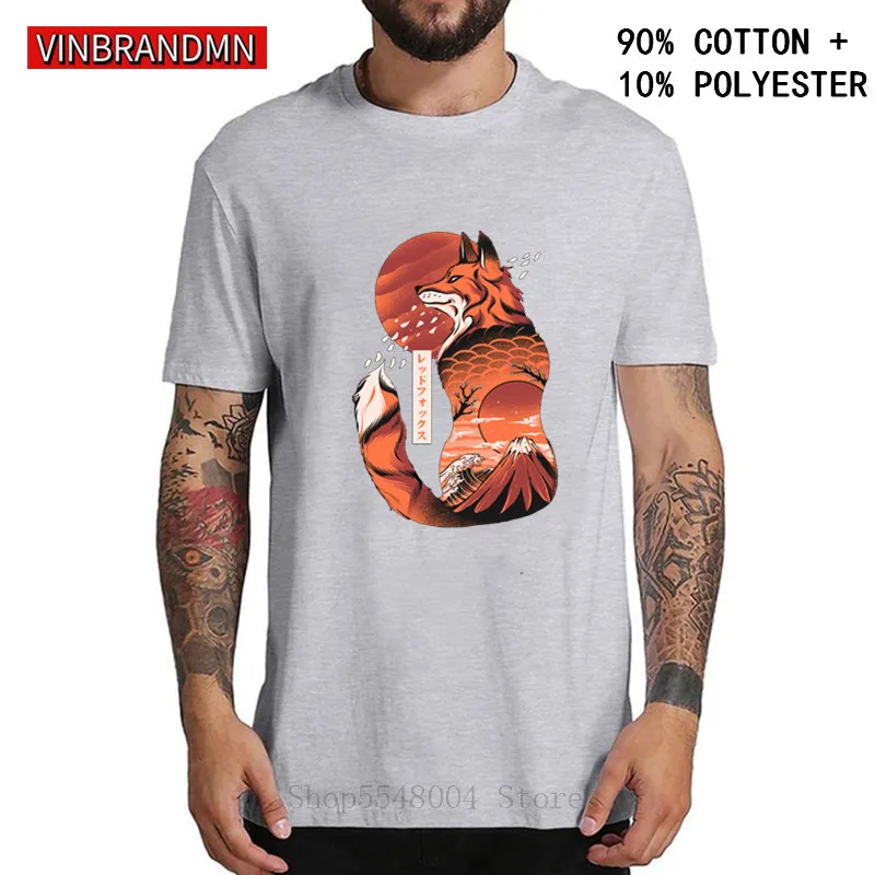 Japanese fox T-Shirts Men Black Fox Tshirt Japan Style Tops Mask God Anime Print short sleeve Tee Shirts Hipster Cotton Clothing