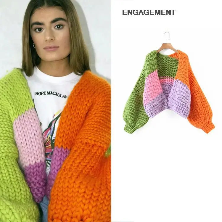 

ENGAGEMENT za 2021 female Trendy fashion contrast color design knitted sweater coat autumn winter women top