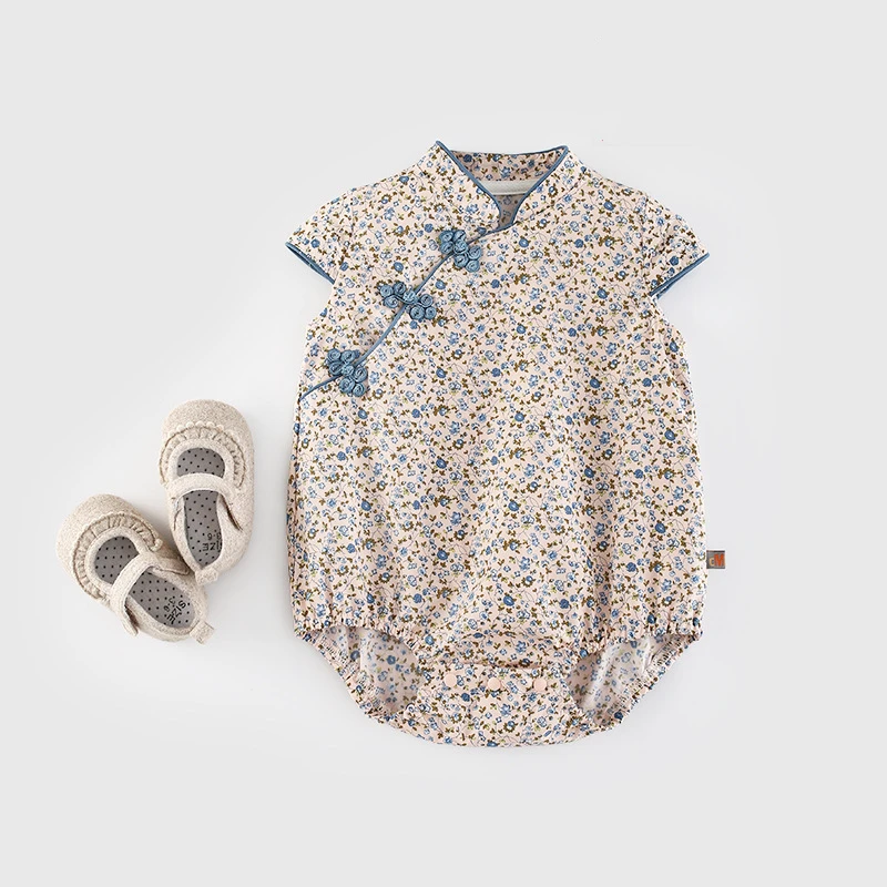 

Cotton Baby Triangle Onesie Cheongsam 2021 Summer Costume Hanfu Japanese Girls Flower Pattern One-piece Children's ClothingLB315
