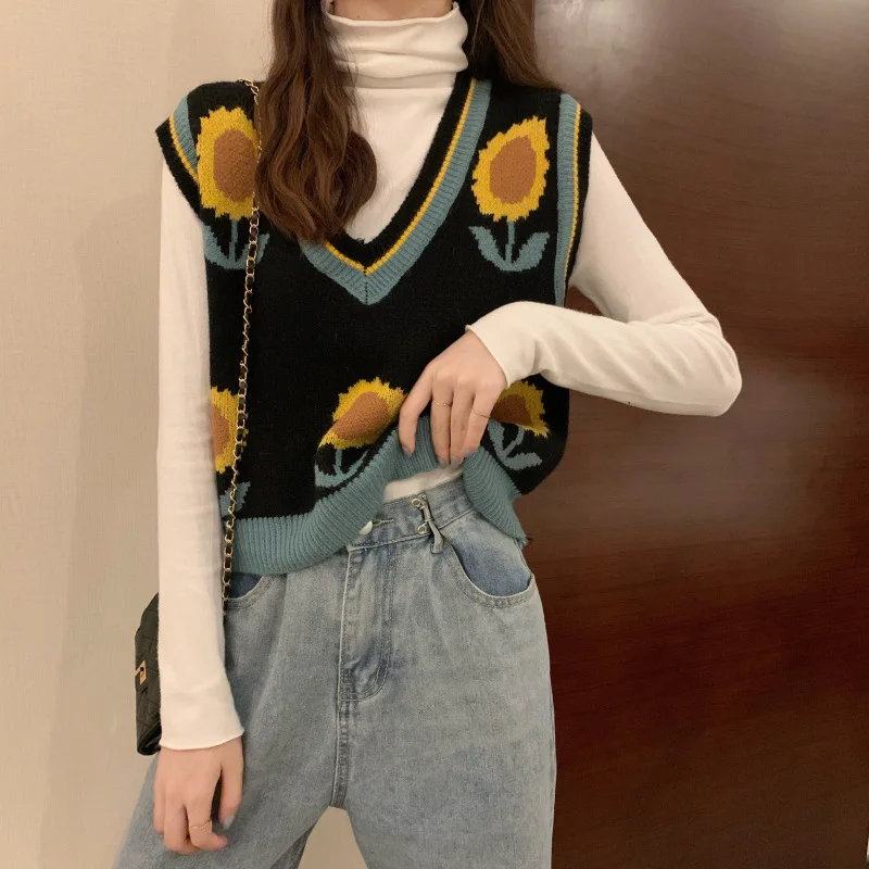 

Veste Sans Manche Femme Autumn Korean Style Loose Sunflower Print Pullover Vests for Women Casual Short Style Knitted Vest Mujer