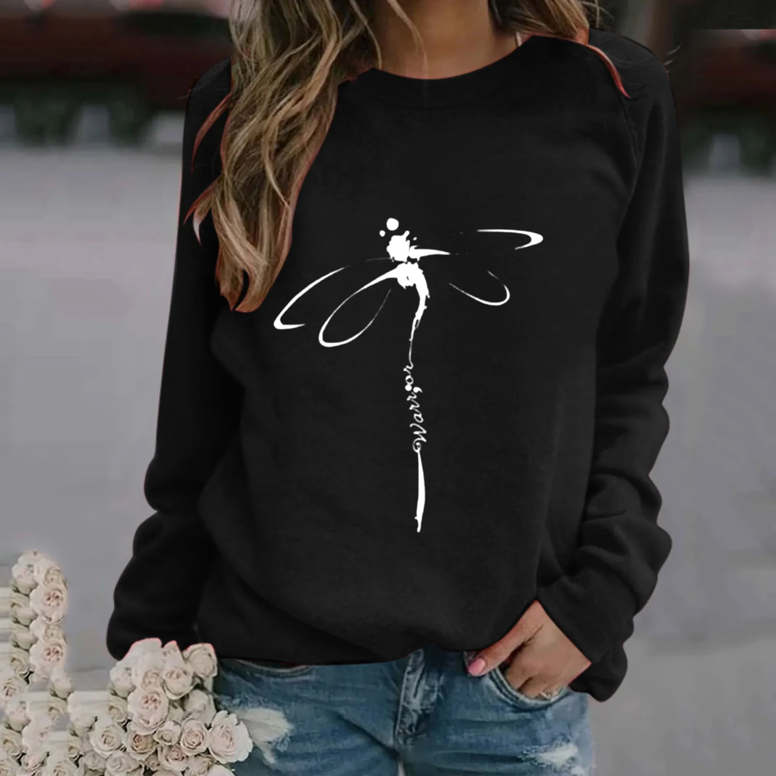 

Harajuku Women Sweatshirt Cartoon Dragonfly Print Long-sleeved Pullover Warm Autumn Casual Oversized Tops Hoodies Sudaderas 2021