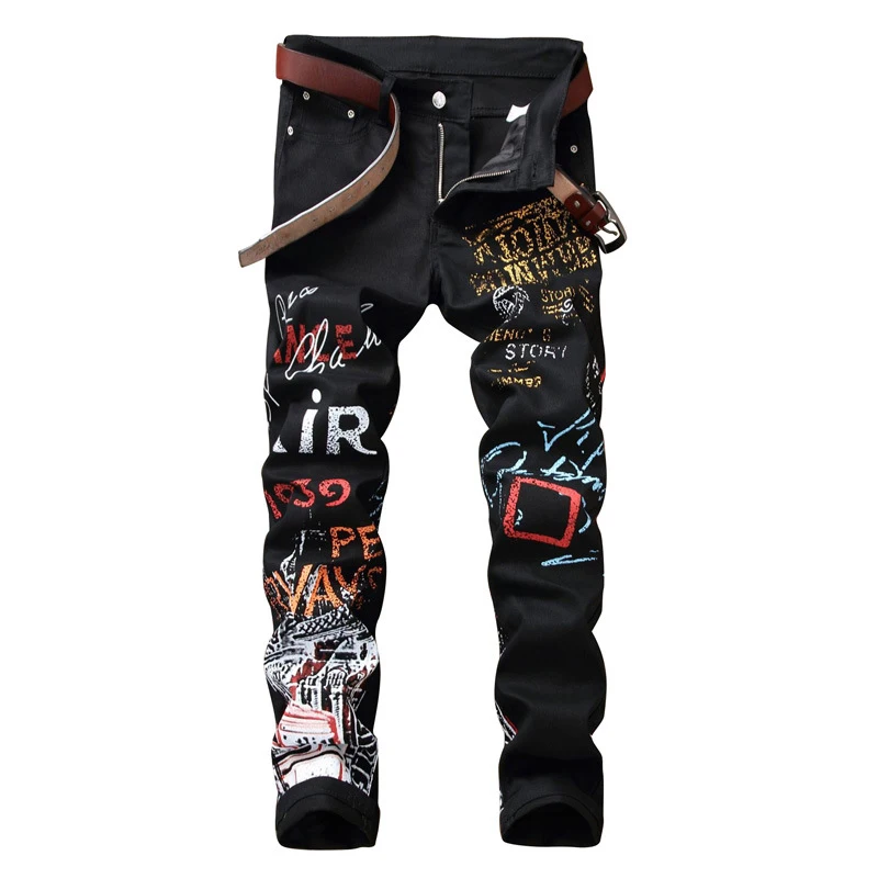 

Paris Designed Men Floral Slim Black Jeans Print Graffiti Colorful Letter Pants Personal Male Casual Club Street Amazing