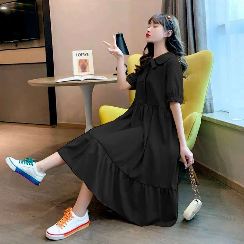 

Dress Women Sweet Ulzzang Loose Summer Peter Pan Collar College Holiday Bowknot Solid Preppy Style Students Chic Design Female