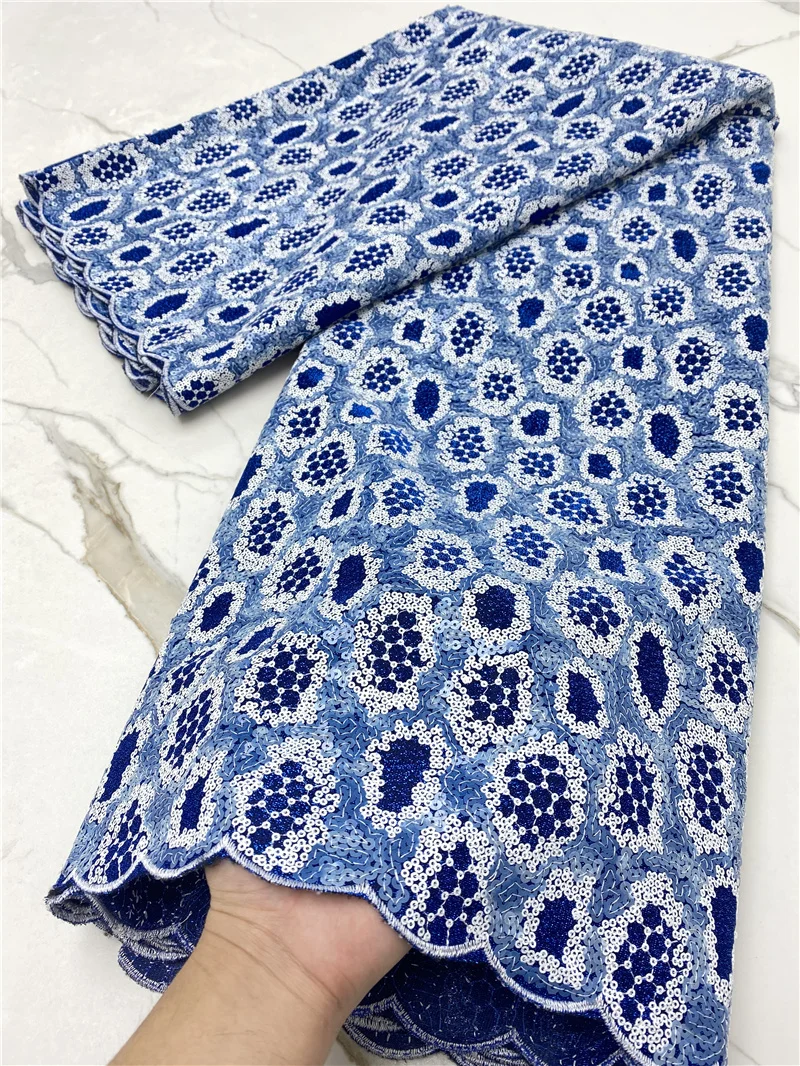 PGC Blue 2021 High Quality Sequins Lace Material Fashion French African Velvet Lace Fabric For Wedding Party Sewing YA4322B-3