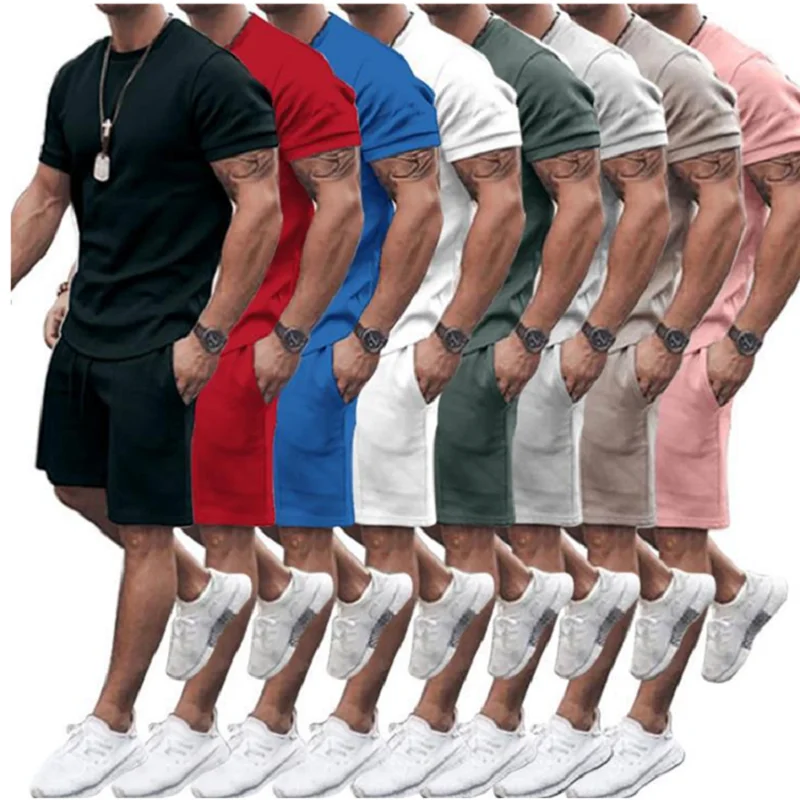 2021 New Summer High Quality Men's Solid Color Short Sleeve T-shirt Shorts Two Piece Sports Men Sets
