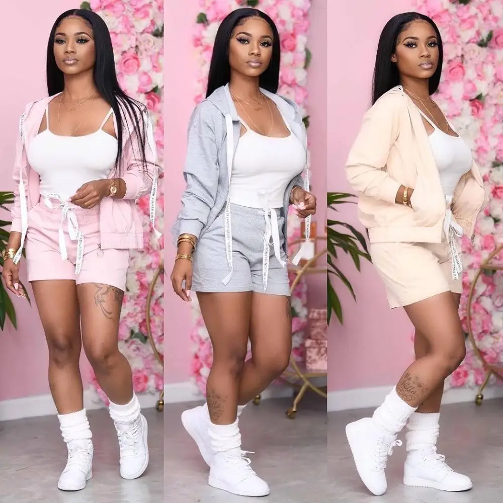 

2021 Autumn Hoodies Jacket Shorts Set women Long Sleeve Zipper Sportwear Jogging Run Sweatshirt Two Piece Set