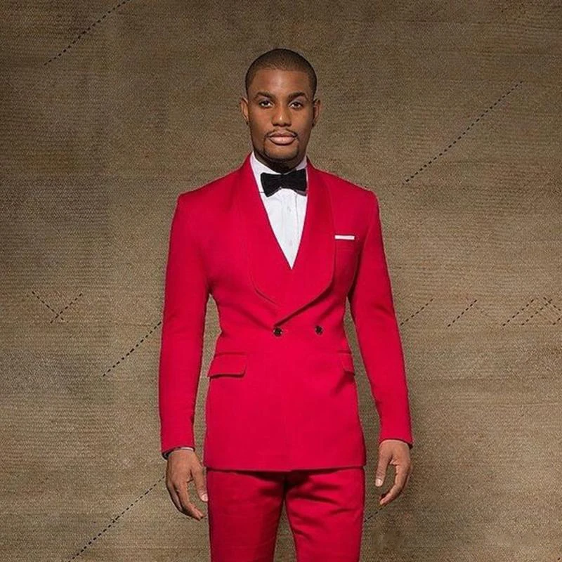 Red One Button Double Breasted Men Suits Shawl Lapel Wedding Suits For Men With Jacket Pants Prom Tuxedos Two Pieces Blazers