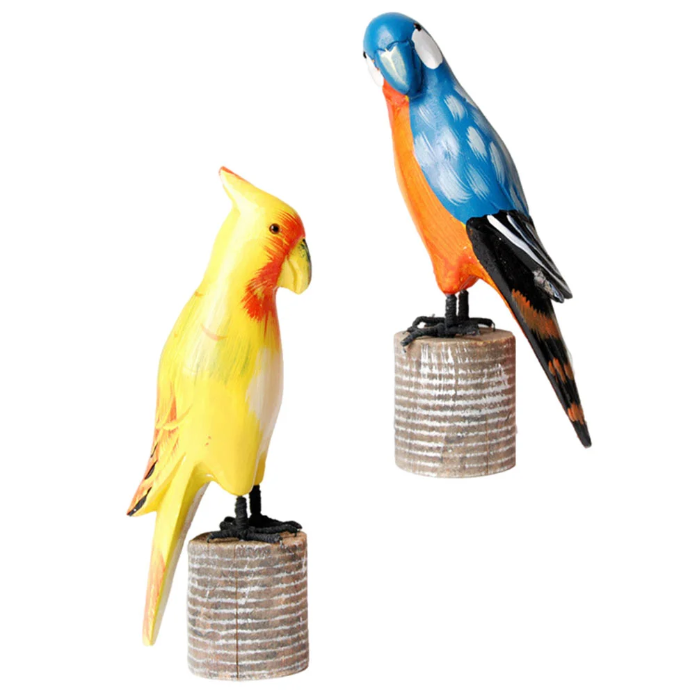 

2pcs Exquisite Wooden Craft Parrot Decors Desktop Bird Ornaments Wooden Decors